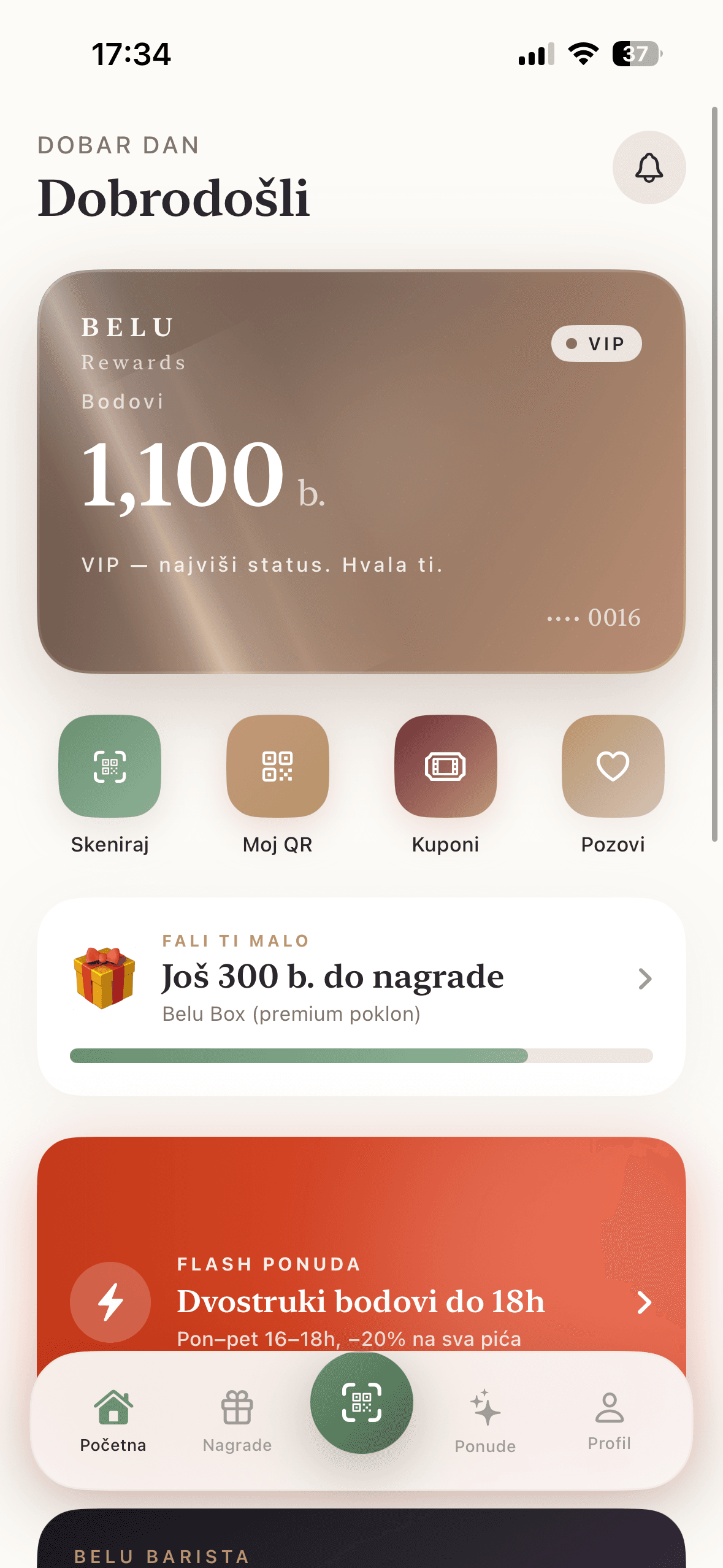 Početni ekran Belu aplikacije s karticom bodova, prečacima i flash ponudom